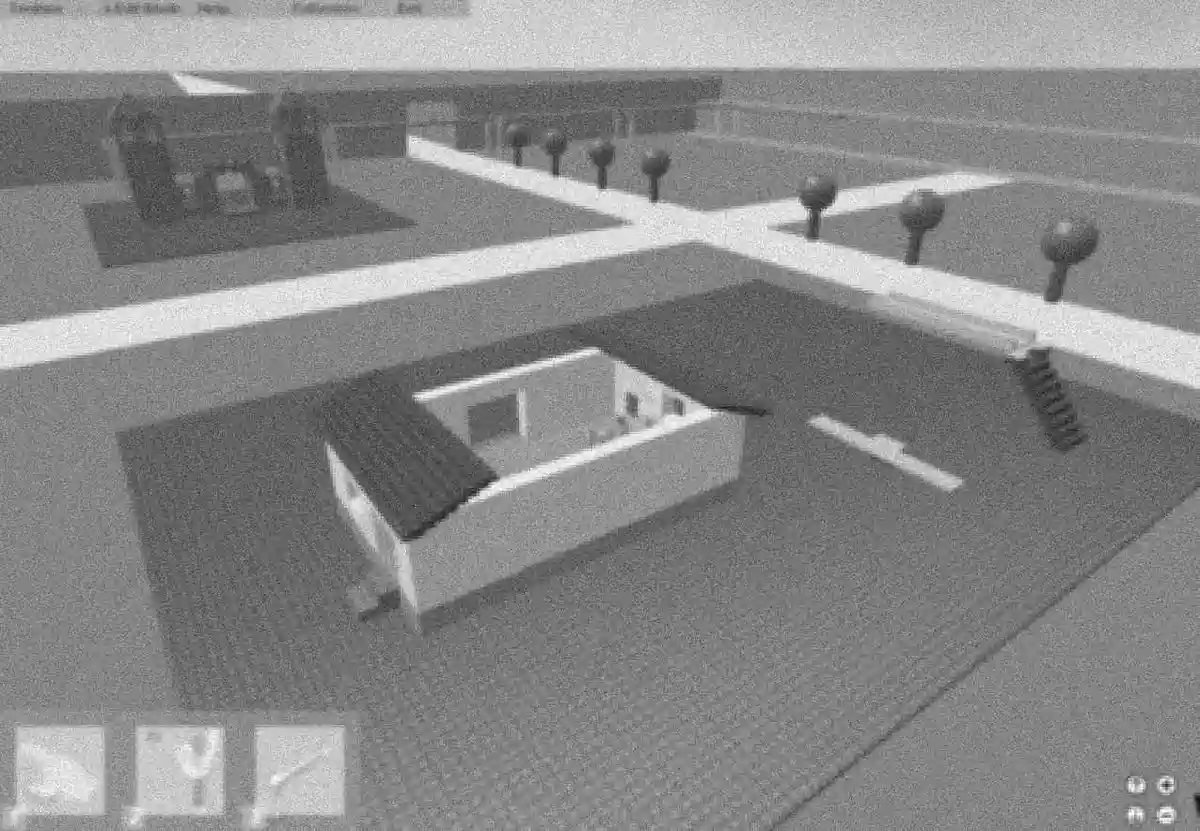 A grayscale, blocky 3D rendering of a simple house with a roof and walls but no windows, set in a minimalist game-like…