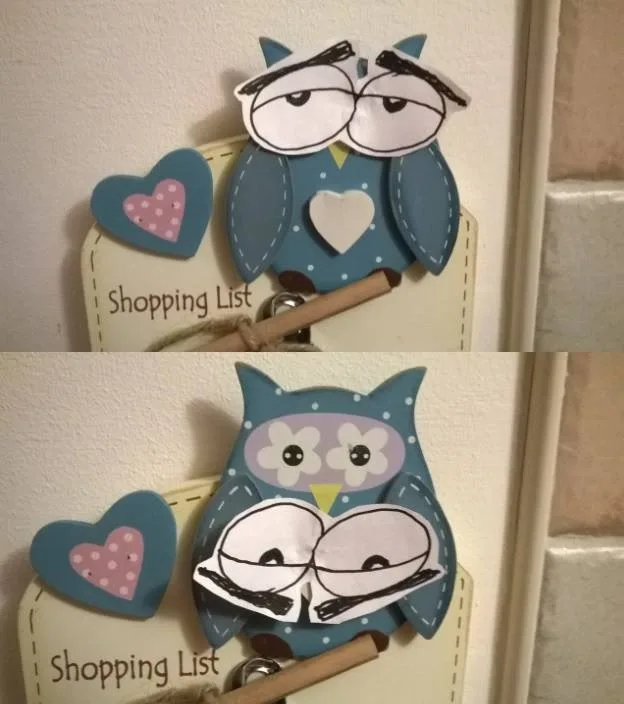 A two-panel meme showing a blue paper owl decoration on a shopping list holder. In the top panel, the owl has tired, droopy…