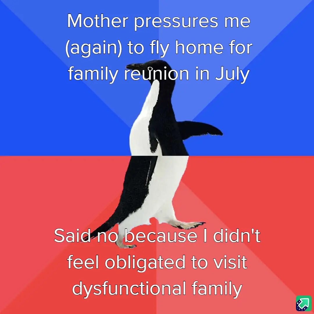 A penguin stands upright against a blue and red background, split horizontally. White text in the top blue section reads…