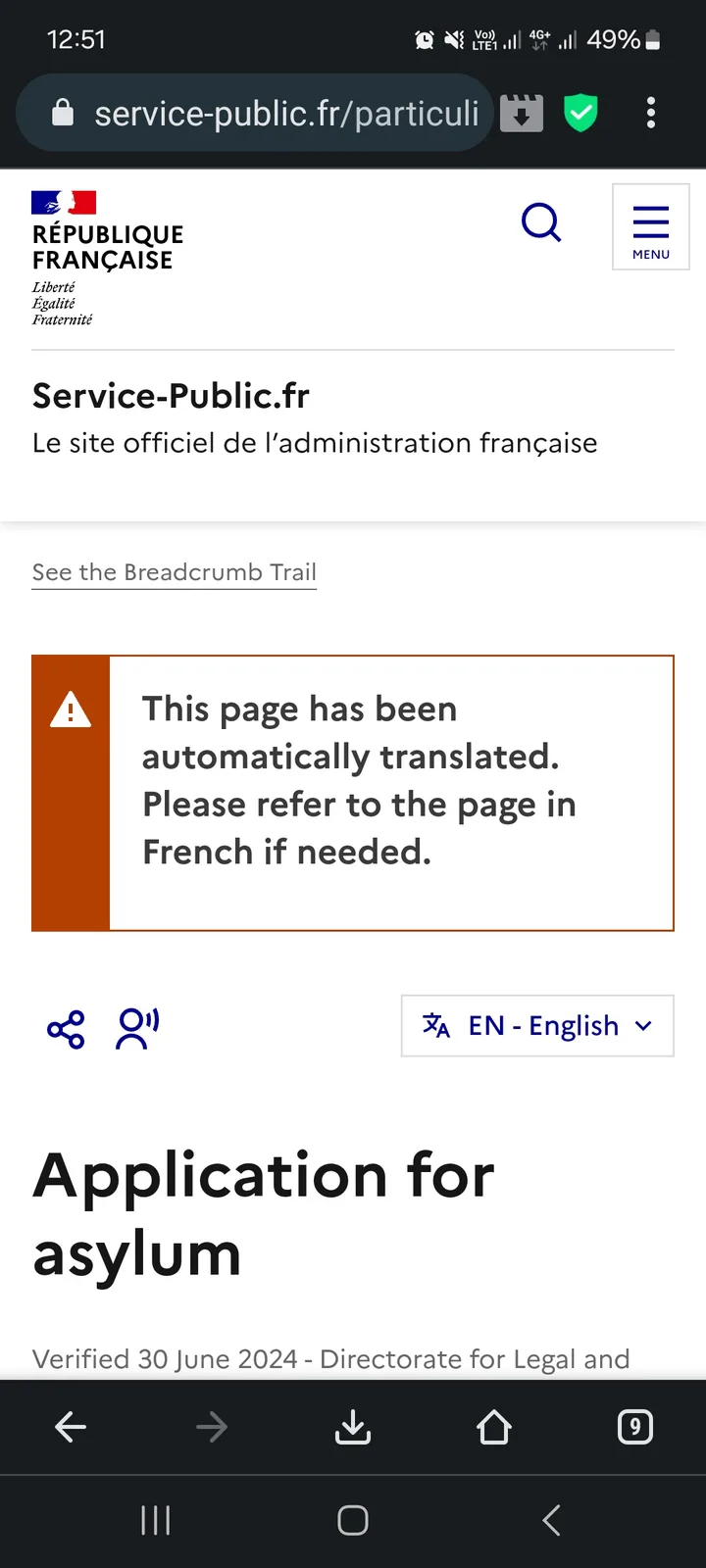 A screenshot of a French government website, service-public.fr, showing a page titled 'Application for asylum' with a…