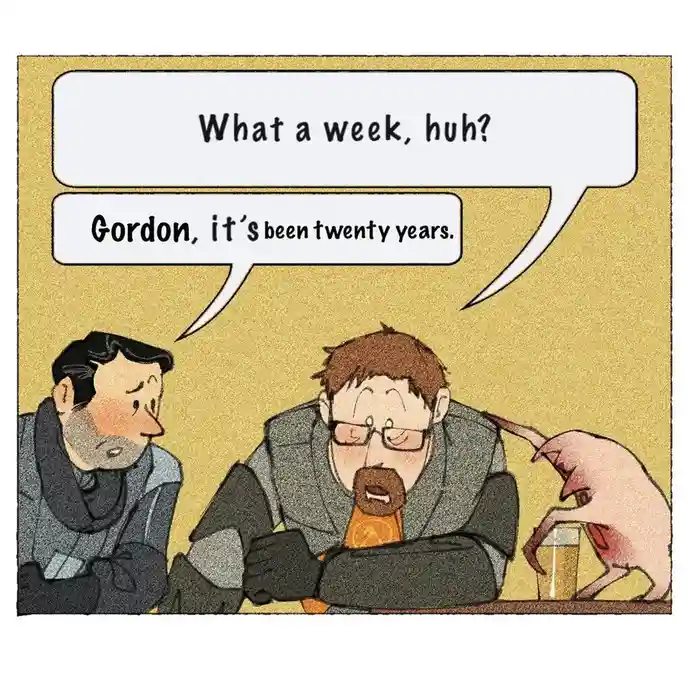 Two men sit at a table; one asks 'What a week, huh?' while the other replies 'Gordon, it's been twenty years.' A pink…