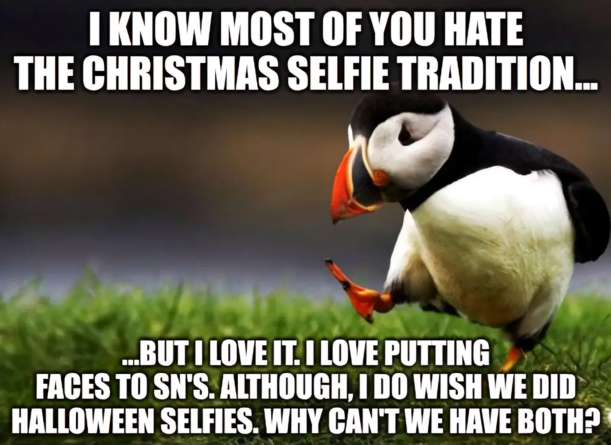 A puffin stands on green grass, looking down with a slightly smug or self-satisfied expression. The image has two blocks of…