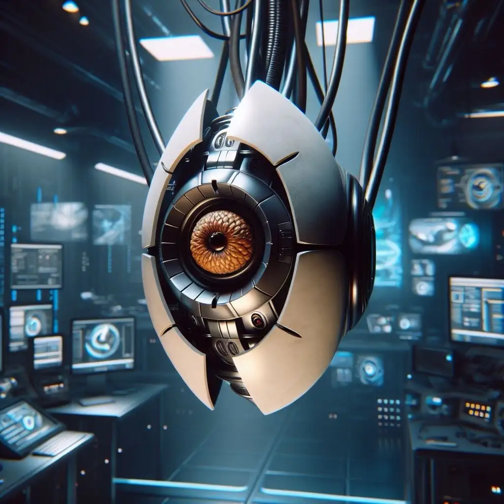 A large, metallic, futuristic eye-like device with a realistic human iris and pupil is suspended by cables in a high-tech…