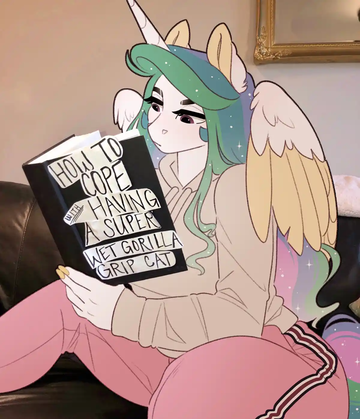 An anime-style unicorn girl with green hair, wings, and a horn sits on a couch reading a black book titled 'HOW TO COPE WITH…