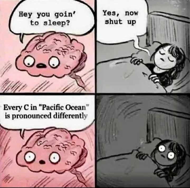 A four-panel comic strip shows a pink cartoon brain asking a sleeping girl if she's going to sleep, she replies 'Yes, now…