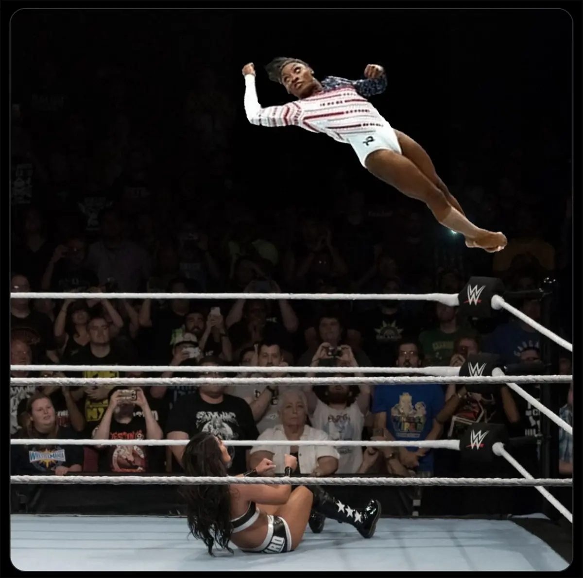 An image shows Simone Biles, wearing a USA-themed gymnastics leotard, mid-air in a wrestling ring, seemingly about to land…