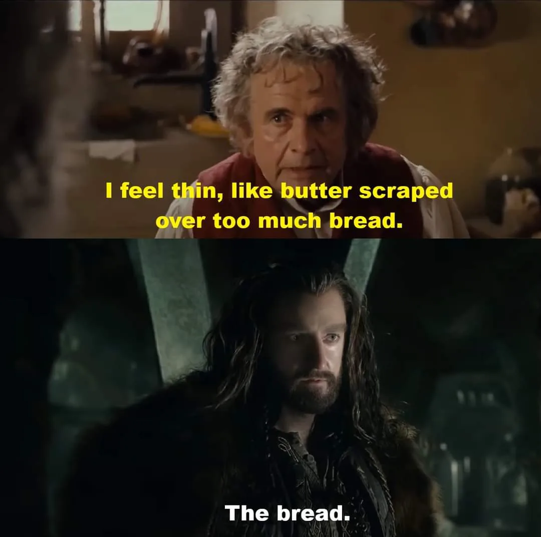 The top panel shows a man with curly gray hair and a red vest saying, 'I feel thin, like butter scraped over too much…