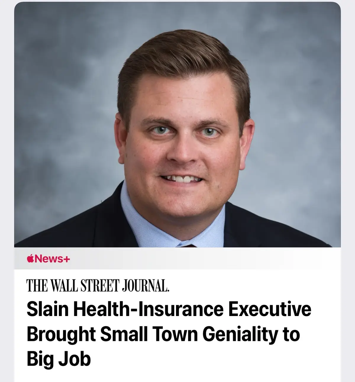 A professional headshot of a smiling man in a suit is overlaid with a news article headline from The Wall Street Journal…