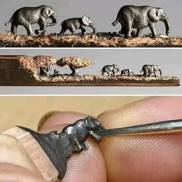 Three images show a miniature metal sculpture of an elephant family walking on a tiny wooden surface, with the bottom image…