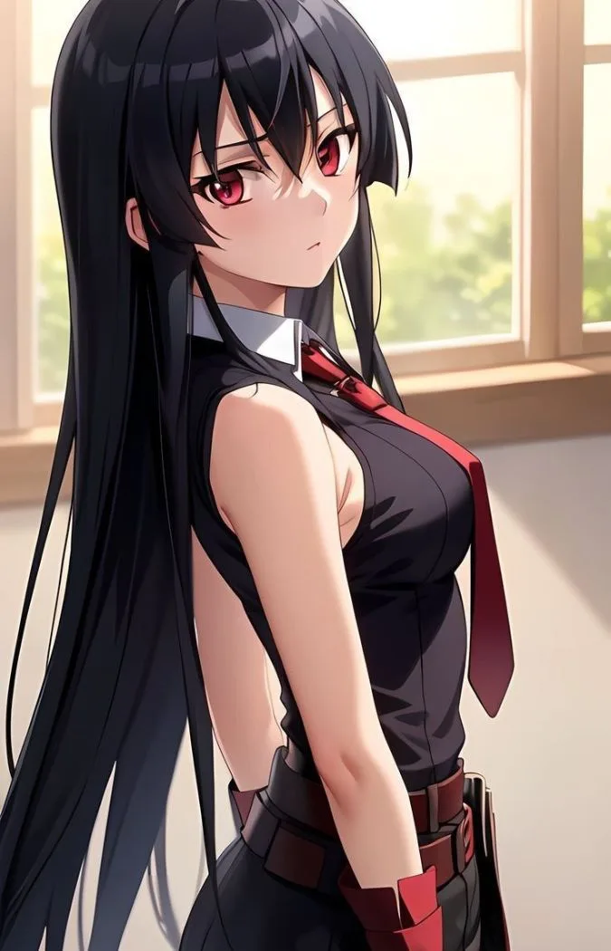 An anime-style illustration of a young woman with long black hair and red eyes, wearing a black sleeveless top with a red…