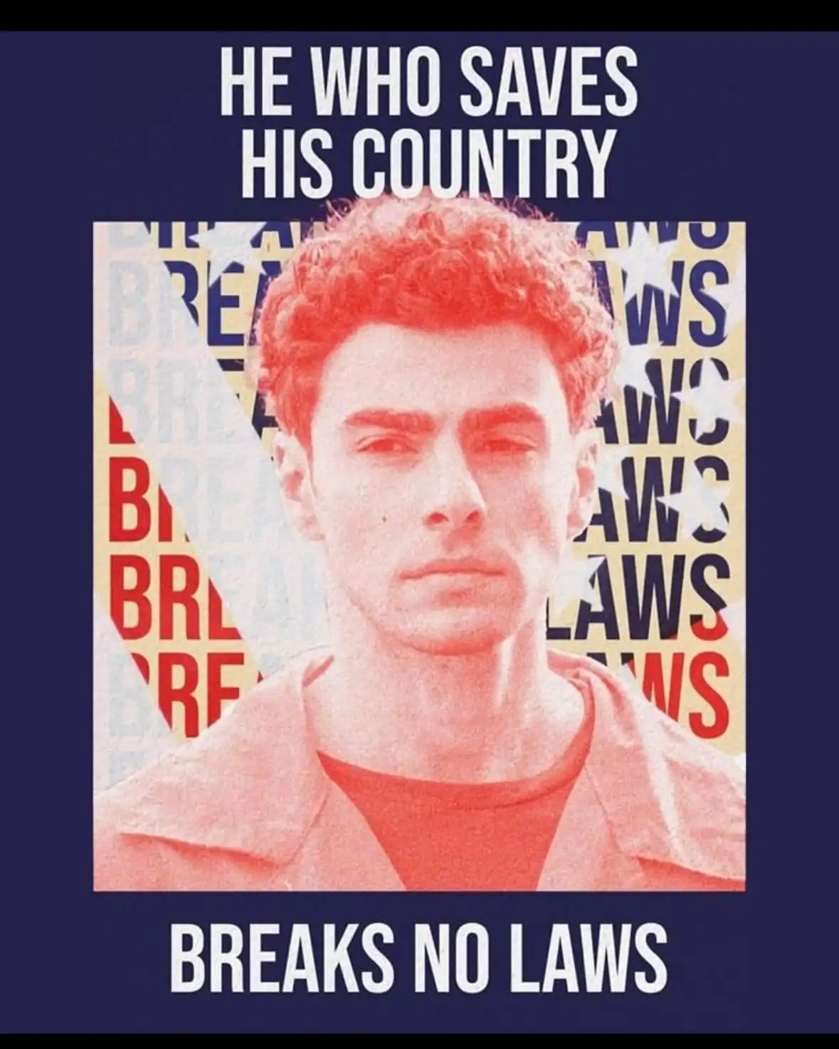 A portrait of a young man with curly hair, tinted red, is overlaid on a background patterned with the words 'BREAKS LAWS' in…