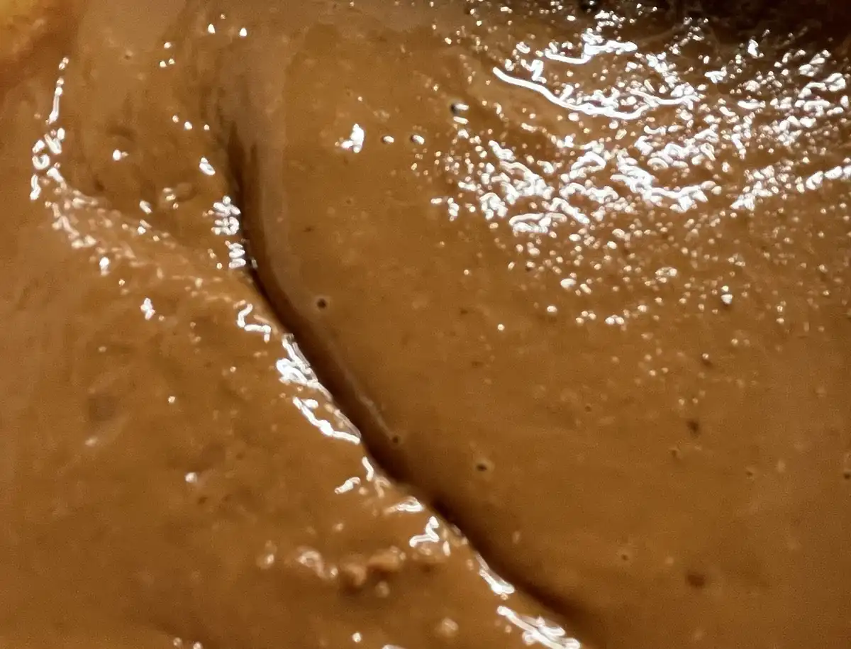 A close-up photo shows a glossy, brown, viscous substance with a prominent crease or fold running diagonally across the…