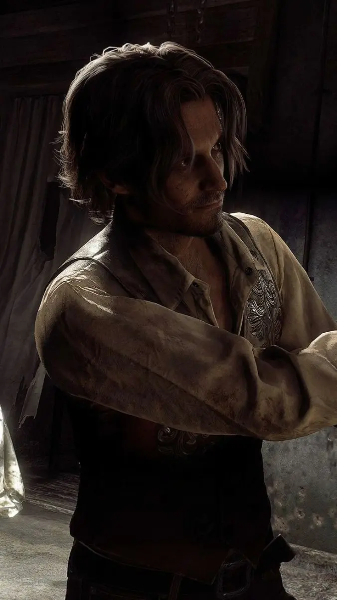 A man with medium-length brown hair and a beard, wearing a dirty light-colored shirt over a dark vest, stands with his arms…