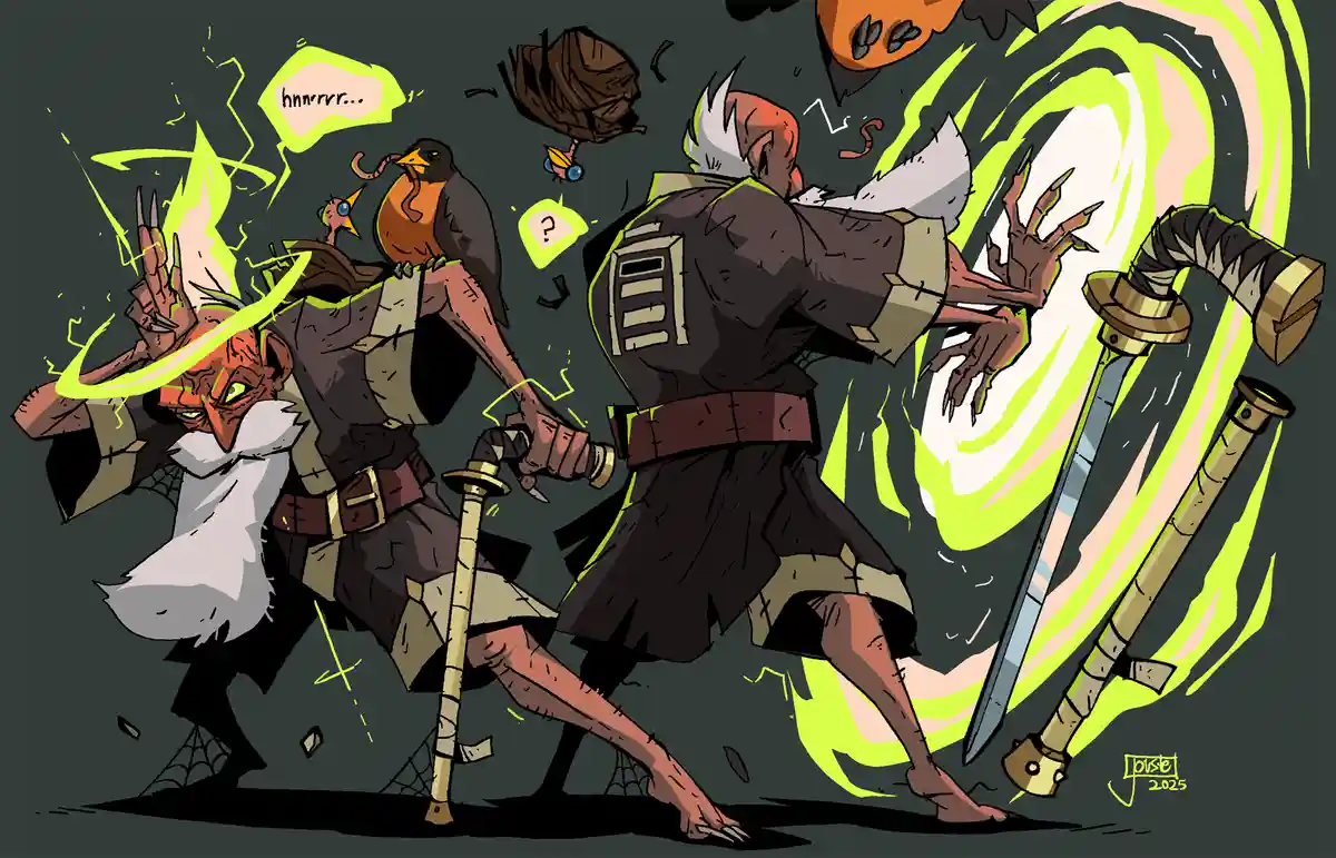 Two cartoonish, muscular, bald men in dark, patched clothing are engaged in a chaotic, magical duel. One man on the left…