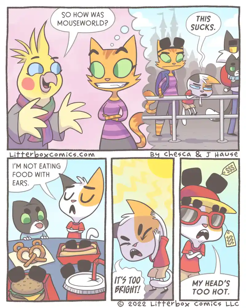 A four-panel comic strip from Litterbox Comics featuring anthropomorphic cats. In the first panel, a yellow bird asks an…