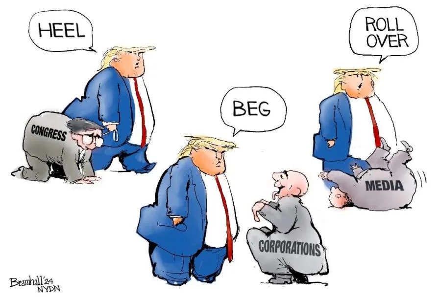 A political cartoon shows three caricatures of Donald Trump in blue suits commanding three kneeling figures labeled…