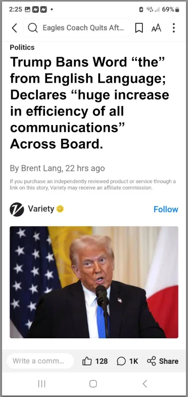 A screenshot of a fake news article from Variety with the headline 'Trump Bans Word "the" from English Language; Declares…