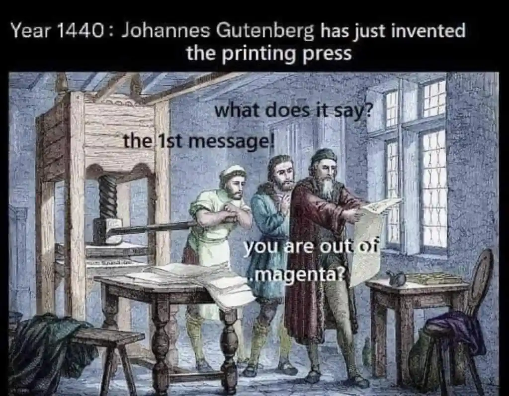 An illustration depicts three men in a historical workshop with a large wooden printing press. One man holds up a printed…