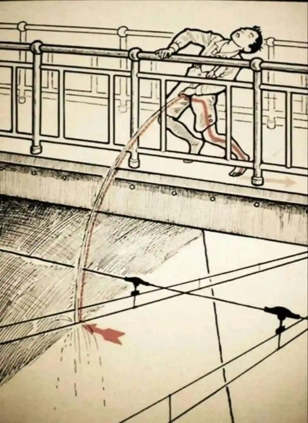 A vintage-style black-and-white illustration shows a man leaning over a bridge railing, urinating a stream of red liquid…