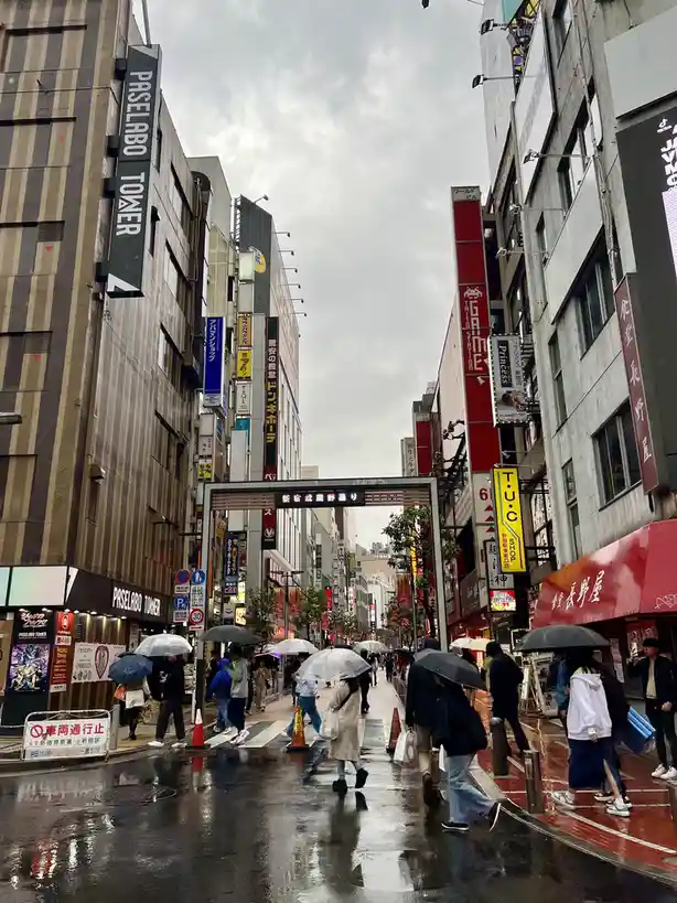 A rainy day in a bustling Japanese city street, with pedestrians holding umbrellas walking on wet pavement under tall…