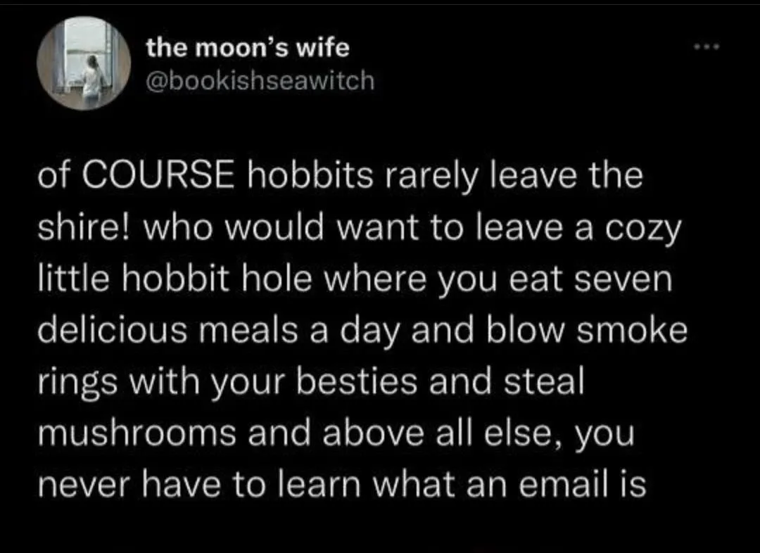 A screenshot of a tweet from 'the moon's wife' (@bookishseawitch) with white text on a black background. The text humorously…