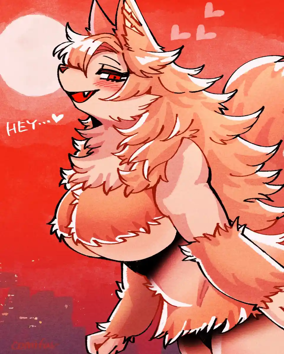A cartoonish anthropomorphic fox with orange fur, red eyes, and fangs smiles mischievously against a red background with…