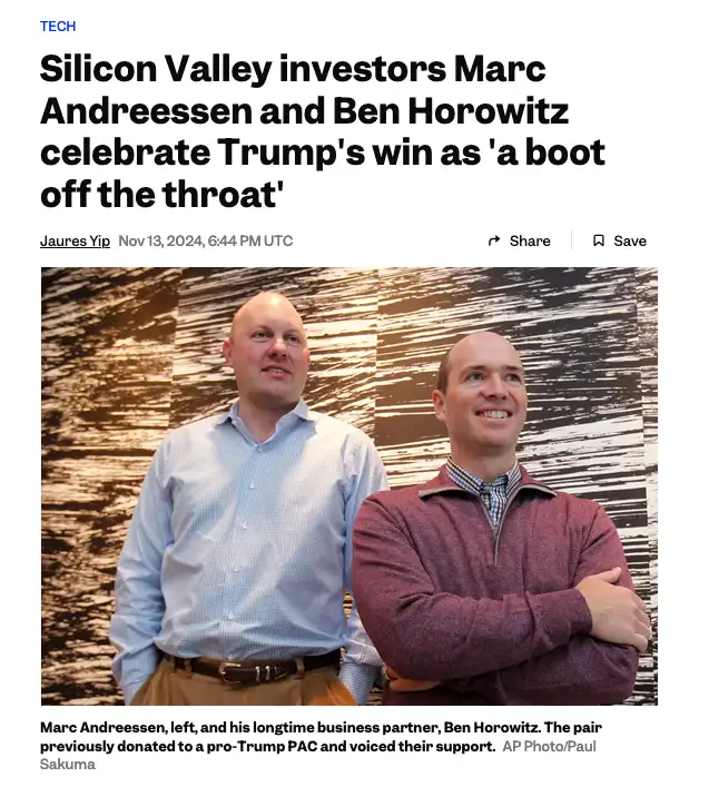 A news article screenshot shows two men, Marc Andreessen (left) and Ben Horowitz (right), smiling and posing together. The…