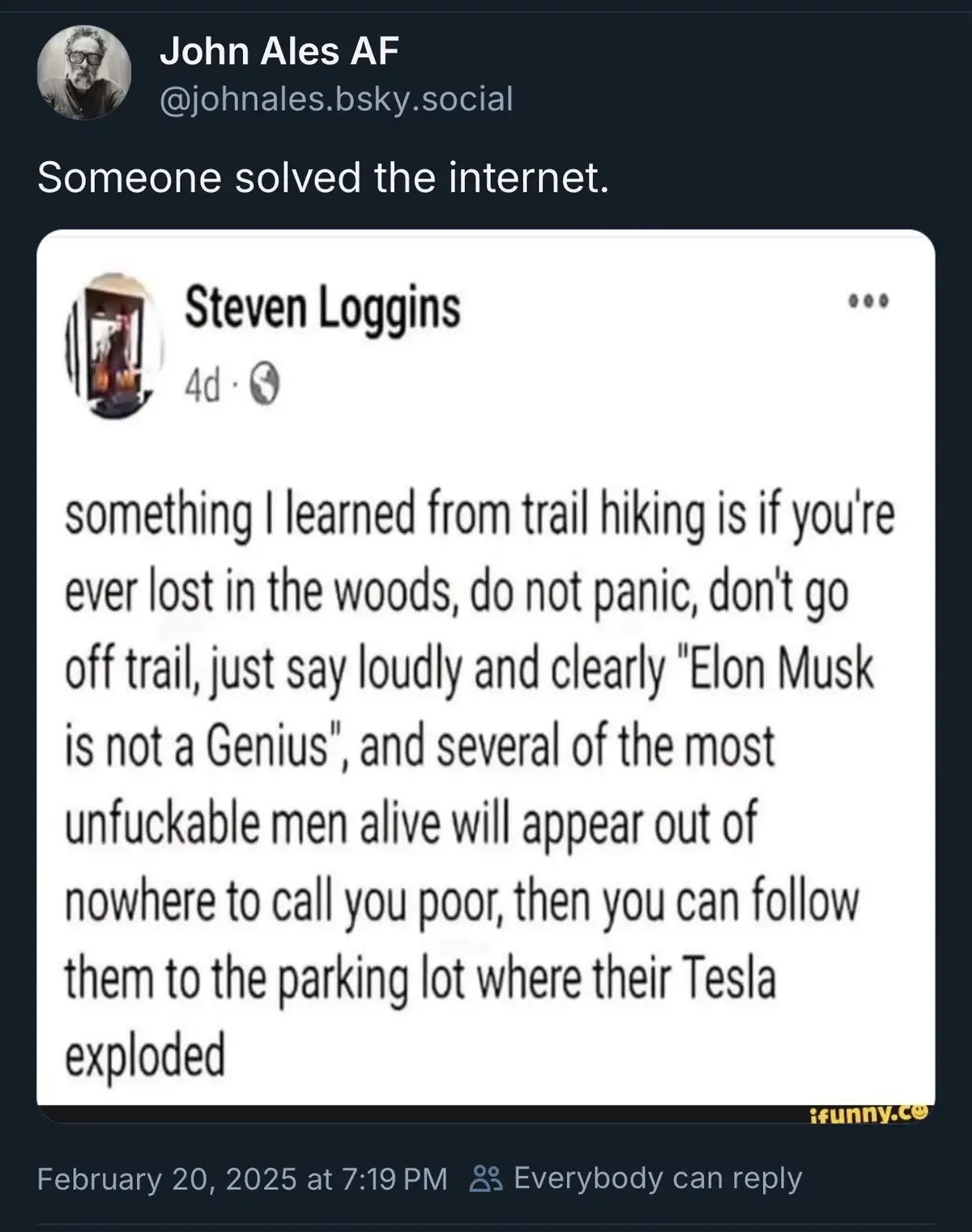 A screenshot of a social media post by Steven Loggins, which reads: 'something I learned from trail hiking is if you're ever…