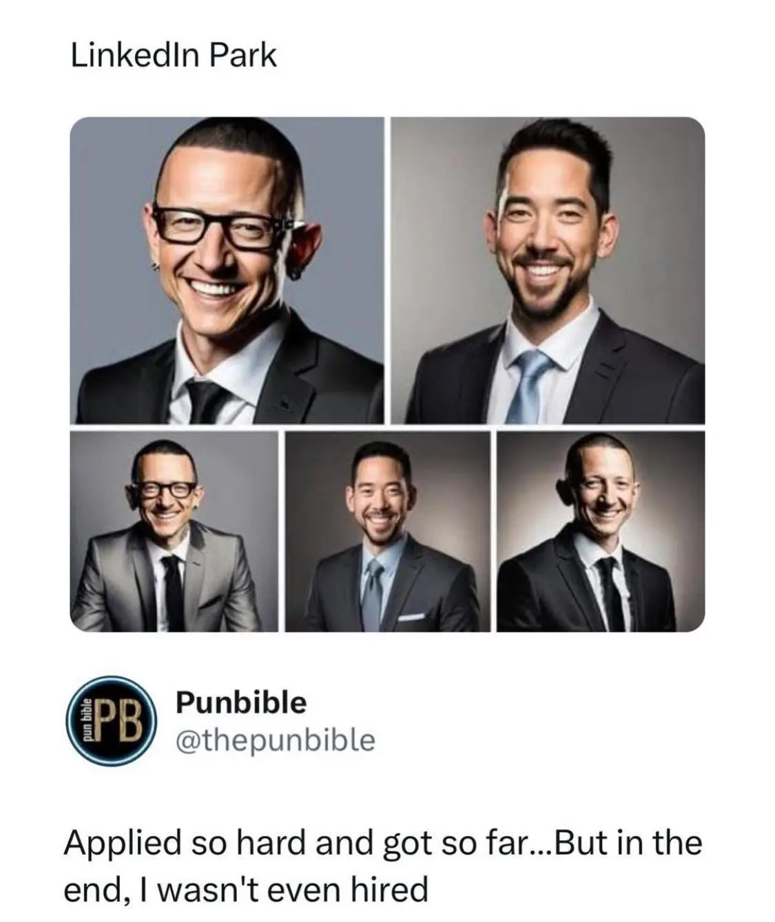 The image displays five professional headshots of two men, each shown in different suits and poses, arranged in a grid. The…