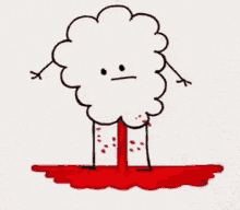 Four panels show a simple cartoon cloud character with stick arms and legs standing in a red puddle. In each panel, the…