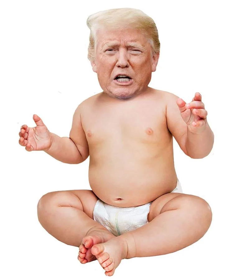A baby with a diaper is sitting cross-legged, hands raised in a shrugging gesture, with the face of Donald Trump…