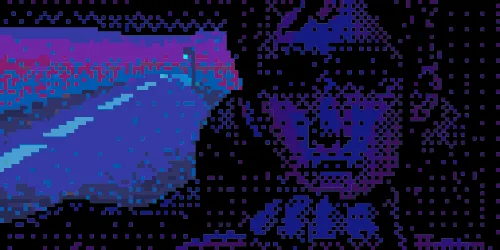 A pixelated, low-resolution image shows a person driving at night, viewed from the passenger seat. The person has a neutral…