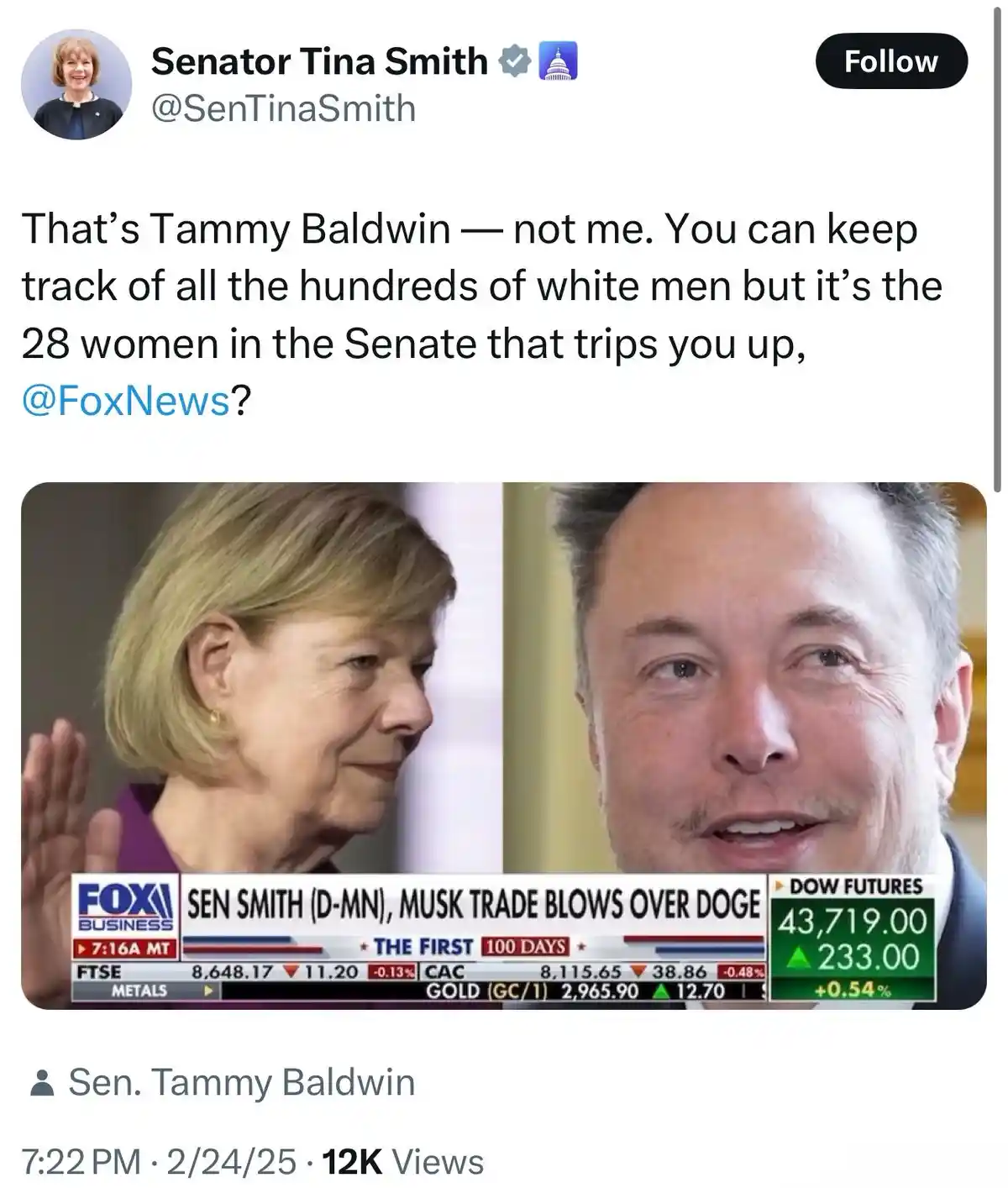 A screenshot of a Fox Business news segment shows a split screen with Senator Tammy Baldwin on the left and Elon Musk on the…