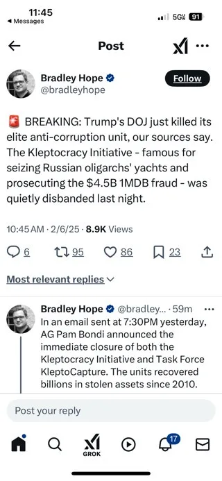 A screenshot of a Twitter post by Bradley Hope showing a breaking news alert about the disbanding of the Kleptocracy…
