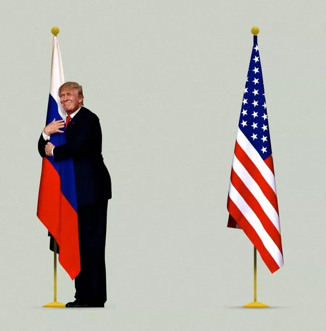 A digitally altered image shows a man in a dark suit standing beside a Russian flag, smiling and placing his hand over his…