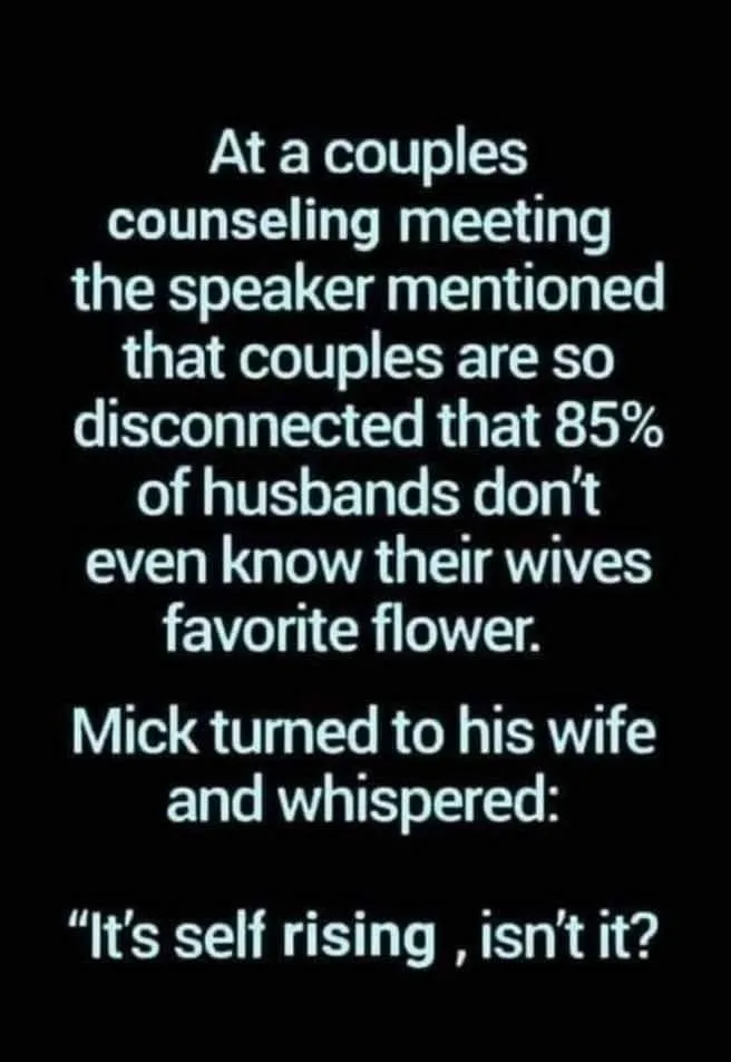 A black background with white text tells a joke about a couples counseling session where a speaker claims 85% of husbands…