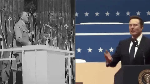 A split-screen meme juxtaposes historical black-and-white footage of Adolf Hitler at a podium with modern color footage of…