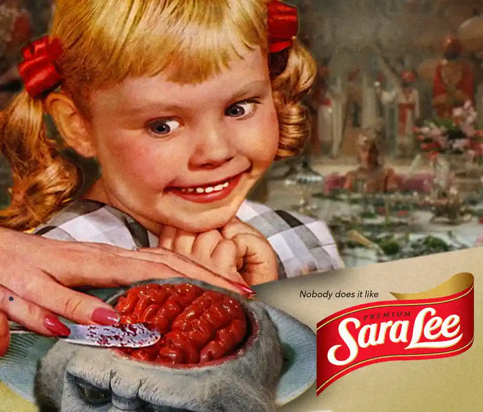 A vintage-style image shows a smiling young girl with blonde pigtails and red bows, wearing a plaid dress, looking at a bowl…