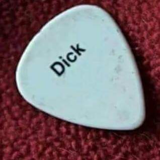 A white, triangular guitar pick with the word 'Dick' printed in black text lies on a textured red fabric surface. The pick…