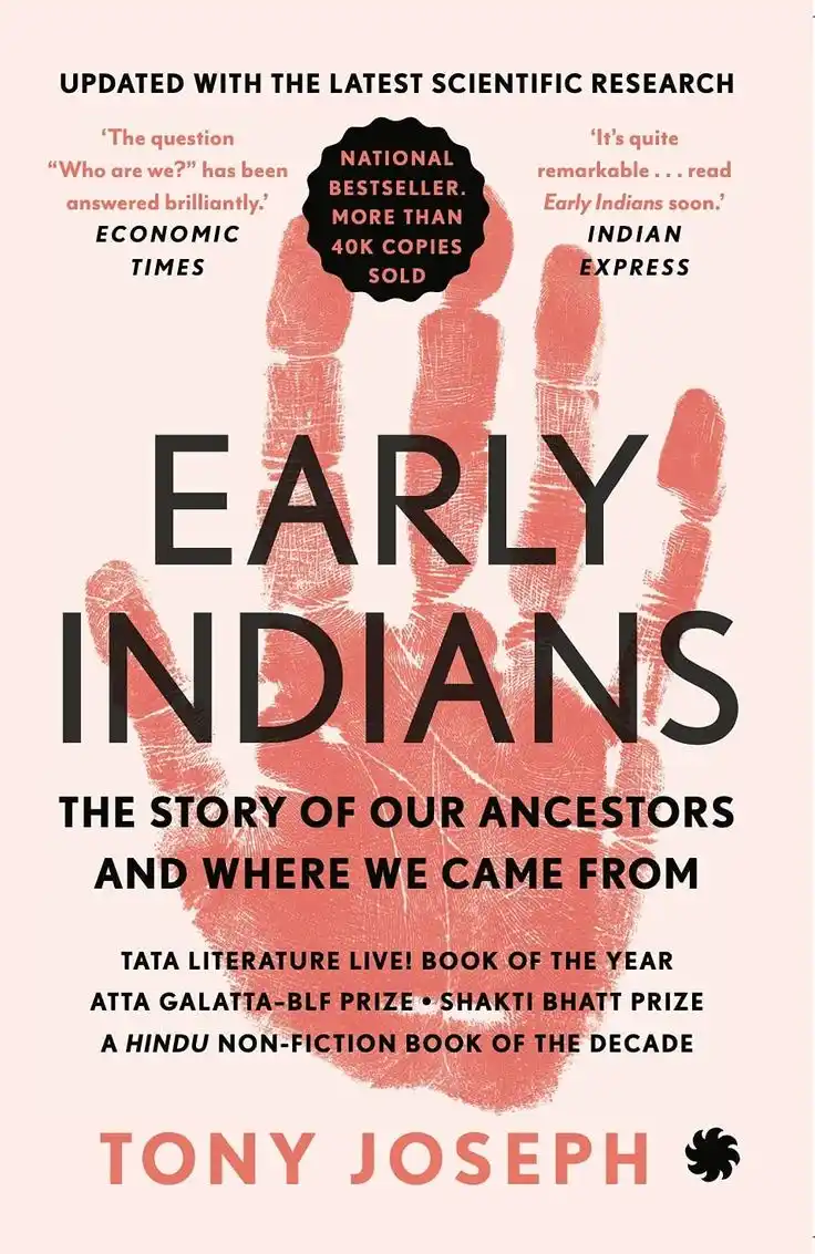 The image is a book cover for 'Early Indians' by Tony Joseph, featuring a large red handprint as the central visual. The…