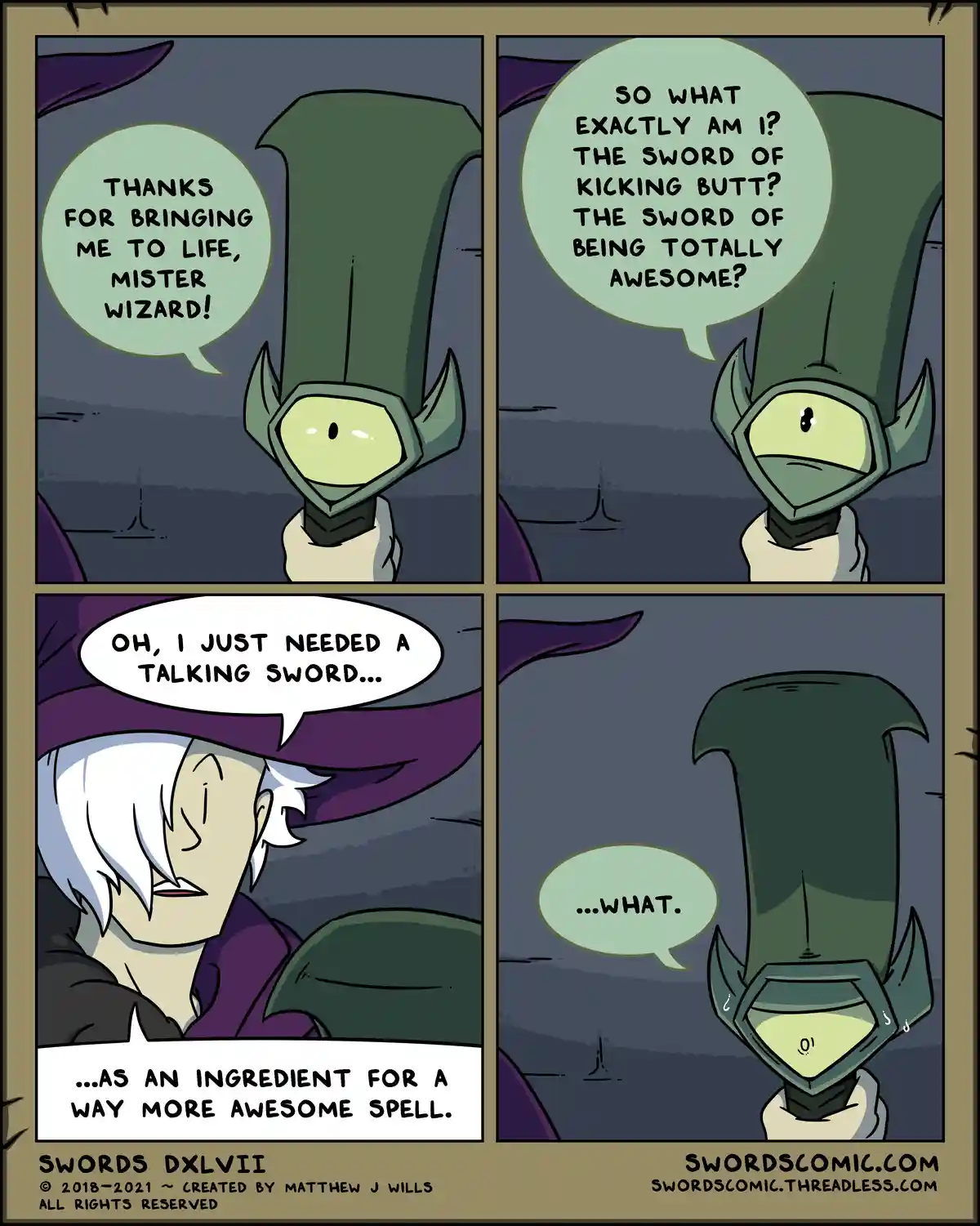 A four-panel comic strip shows a sentient green sword thanking its wizard creator, then asking what it is, only to be told…