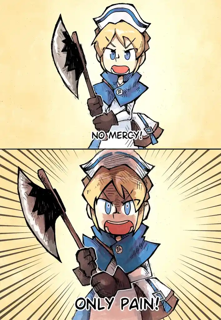 A two-panel comic strip shows a chibi-style blonde character in a nurse outfit wielding a large axe. In the top panel, they…