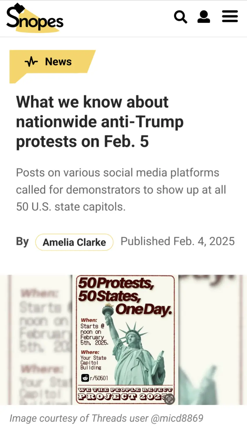 A screenshot of a Snopes article dated Feb. 4, 2025, about anti-Trump protests on Feb. 5, 2025, featuring a poster with the…
