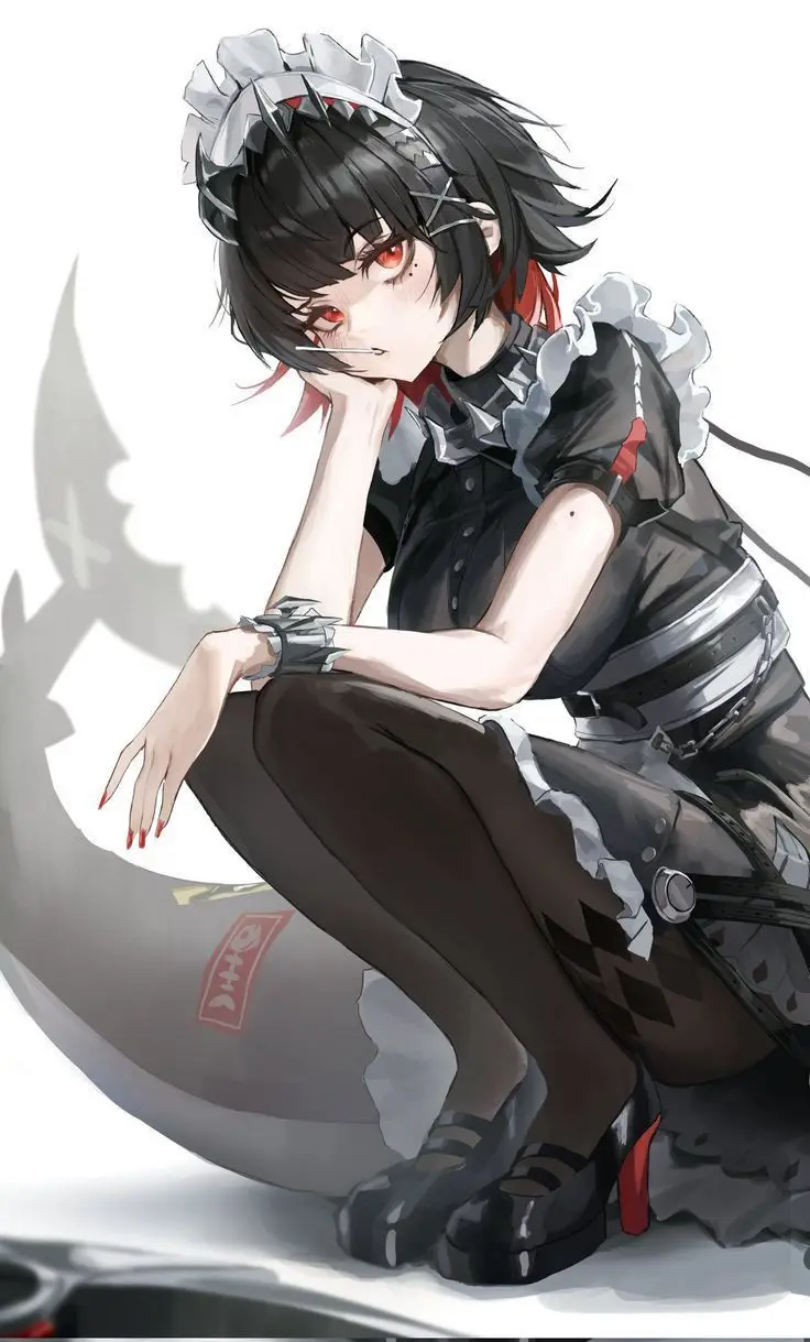 An anime-style illustration of a young woman with black hair and red eyes, wearing a dark maid outfit with silver frills and…