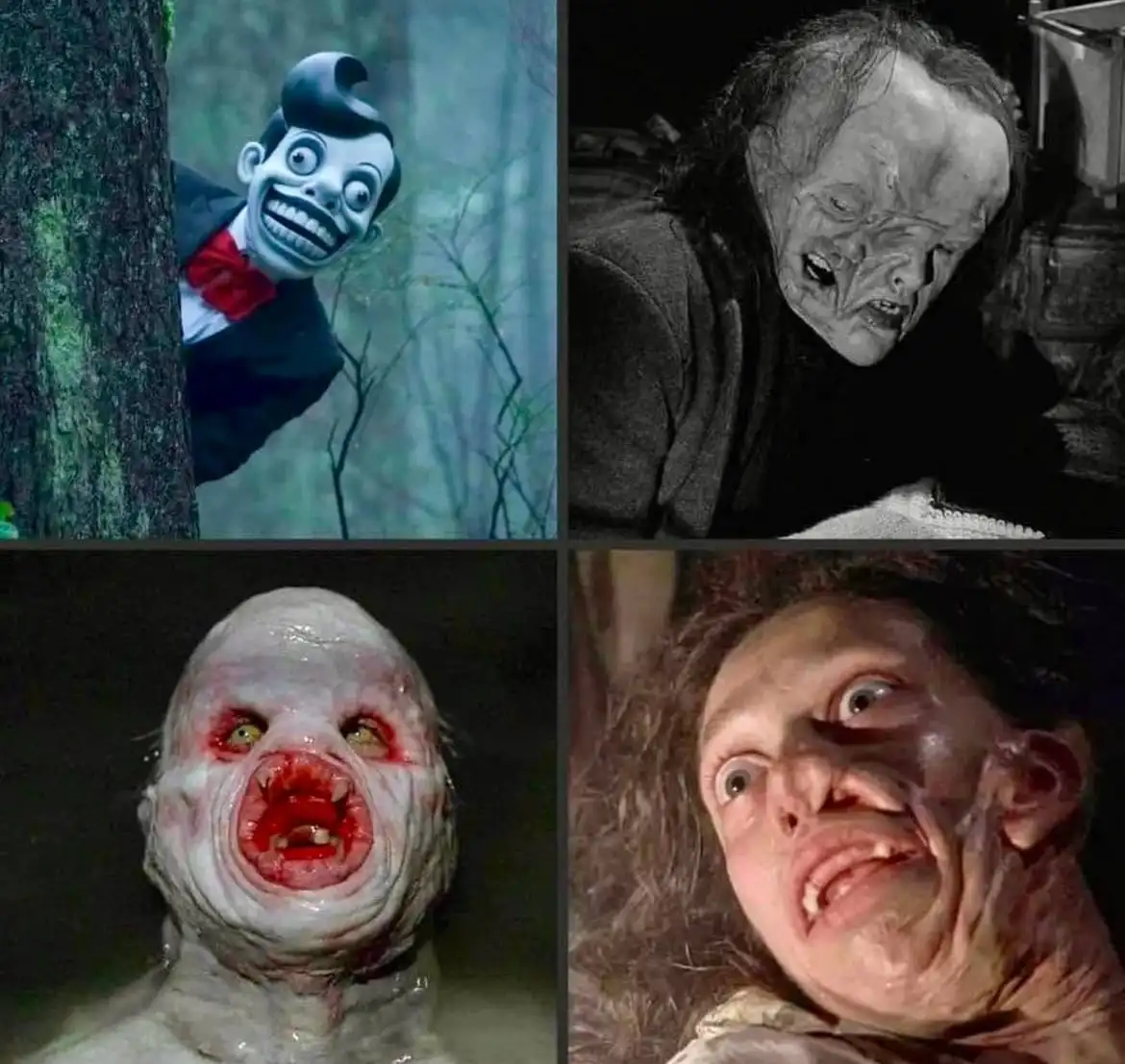 A four-panel image collage featuring four iconic horror movie monsters: a smiling clown peeking from behind a tree, a pale…