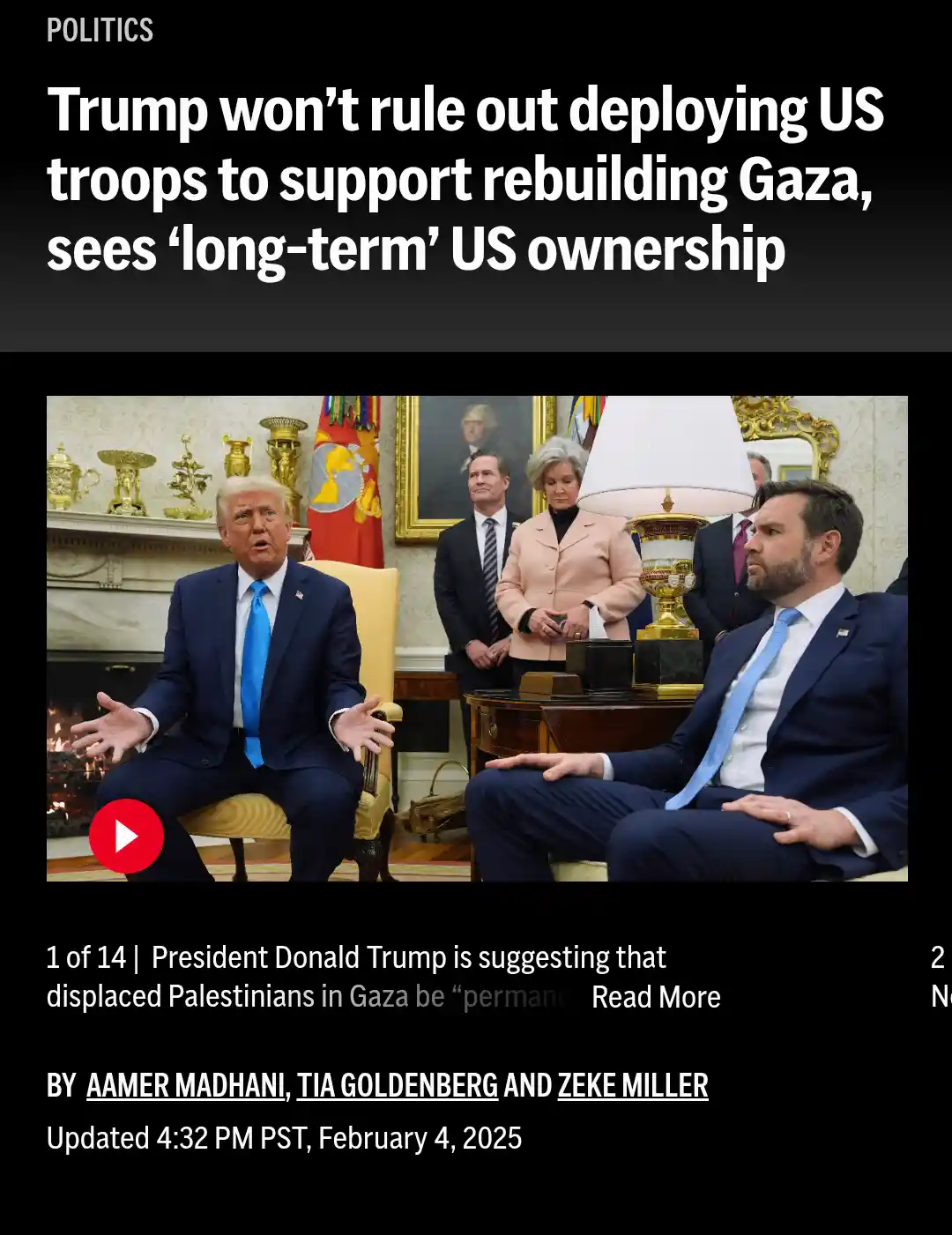 A screenshot of a news article headline about Donald Trump suggesting U.S. troops help rebuild Gaza and viewing it as…