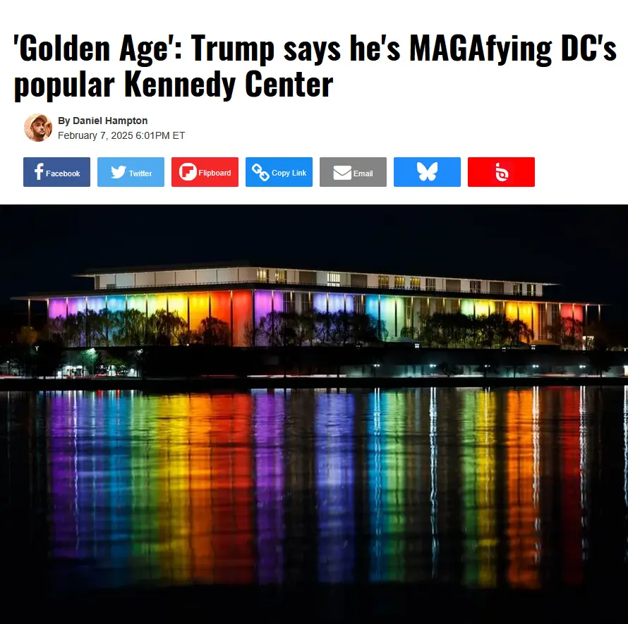 A nighttime photo of the Kennedy Center in Washington, D.C., illuminated with a rainbow of colors across its facade…