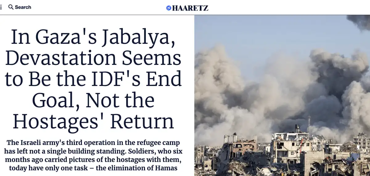 A screenshot of a Haaretz news article shows a photo of widespread destruction in Gaza's Jabalya refugee camp, with smoke…