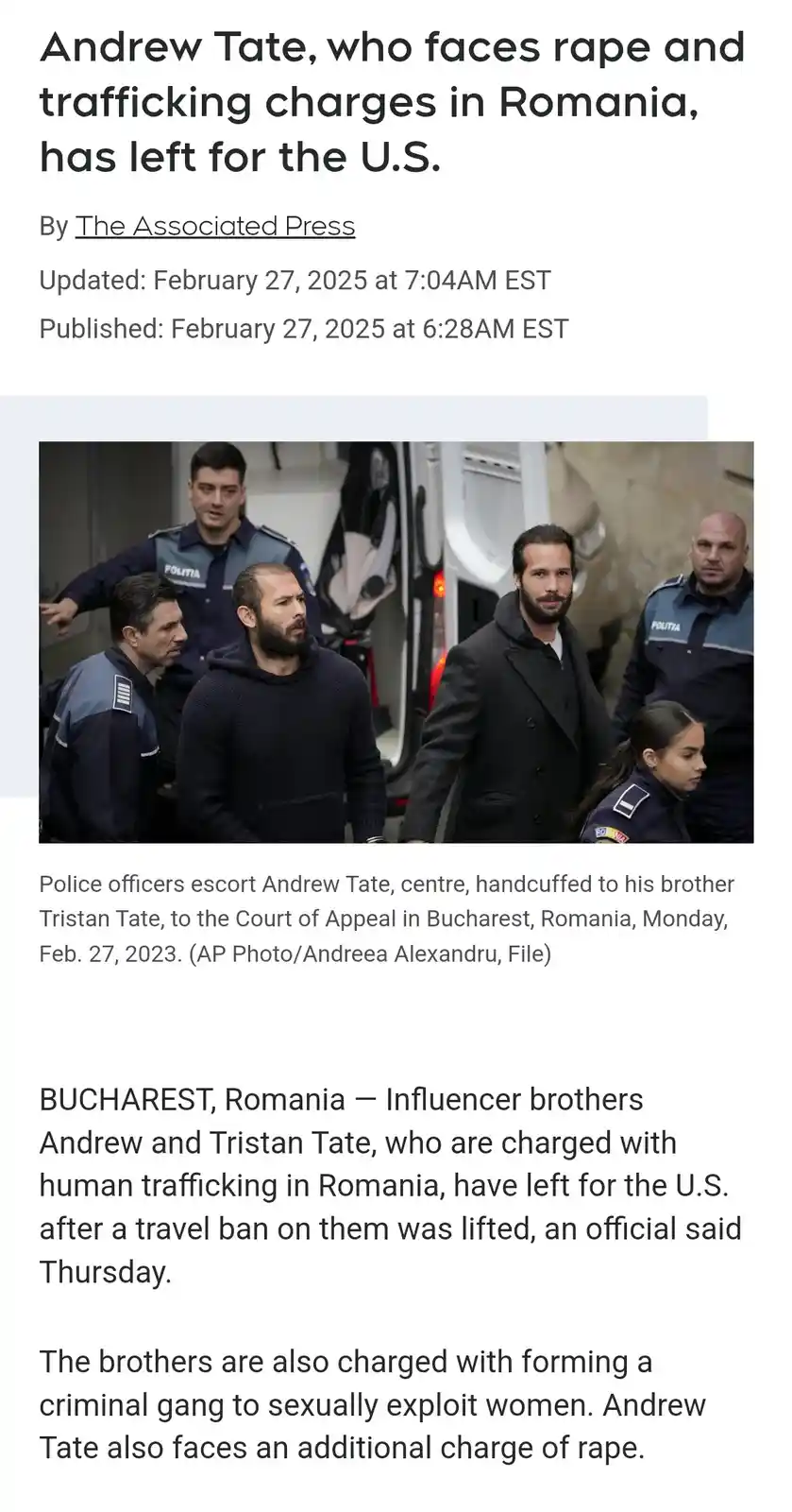 A news article screenshot shows a photo of Andrew Tate, handcuffed and escorted by Romanian police officers, walking with…