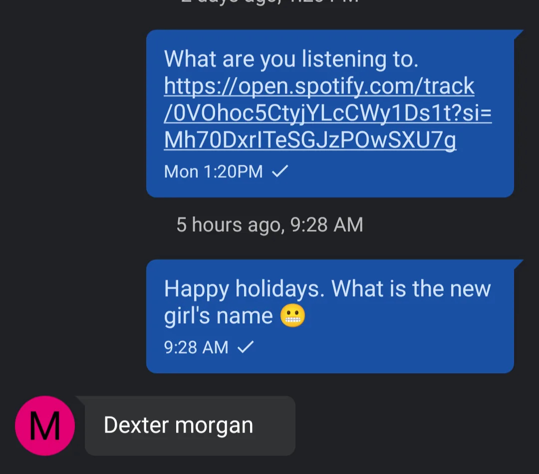 A screenshot of a text message conversation shows one person sharing a Spotify link to a song, then another person replies…